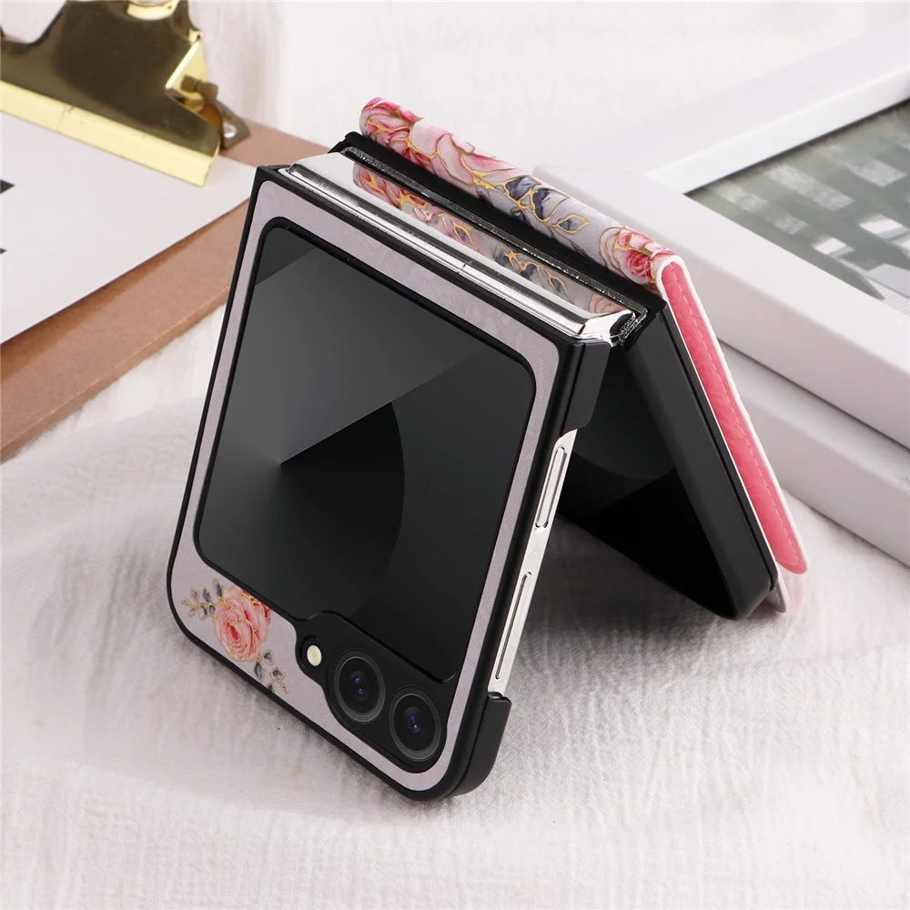 For Samsung Galaxy Z Flip7 FE 5G / Z Flip6 5G / Flip5 5G Case Flower Pattern PU+TPU Phone Cover Card Slots - Rose - 4