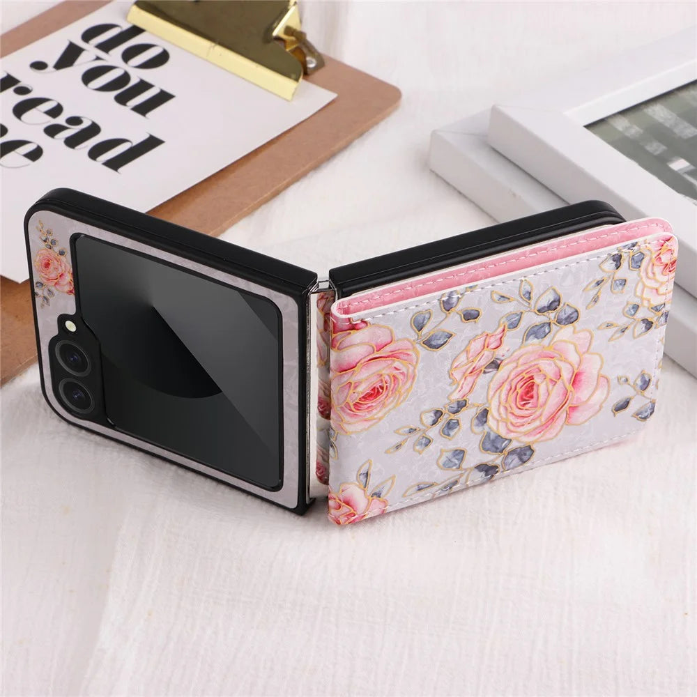 For Samsung Galaxy Z Flip7 FE 5G / Z Flip6 5G / Flip5 5G Case Flower Pattern PU+TPU Phone Cover Card Slots - Rose - 6