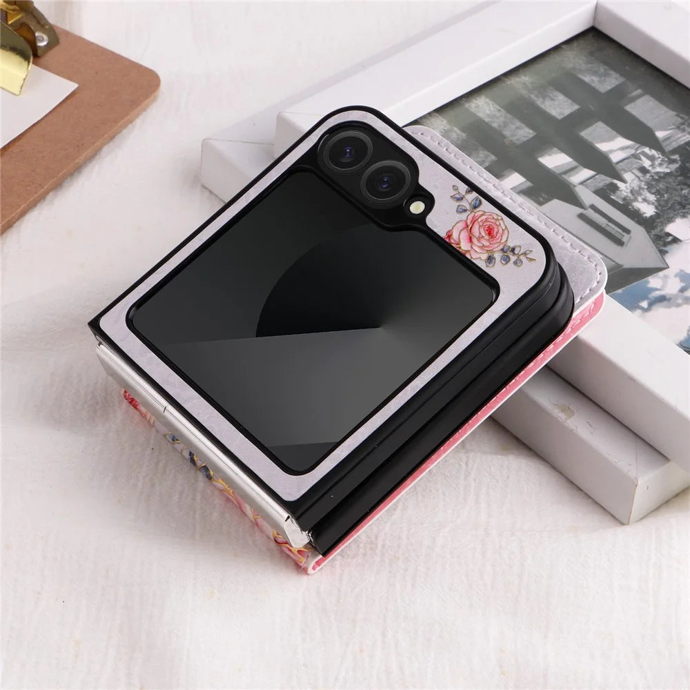 For Samsung Galaxy Z Flip7 FE 5G / Z Flip6 5G / Flip5 5G Case Flower Pattern PU+TPU Phone Cover Card Slots - Rose - 7