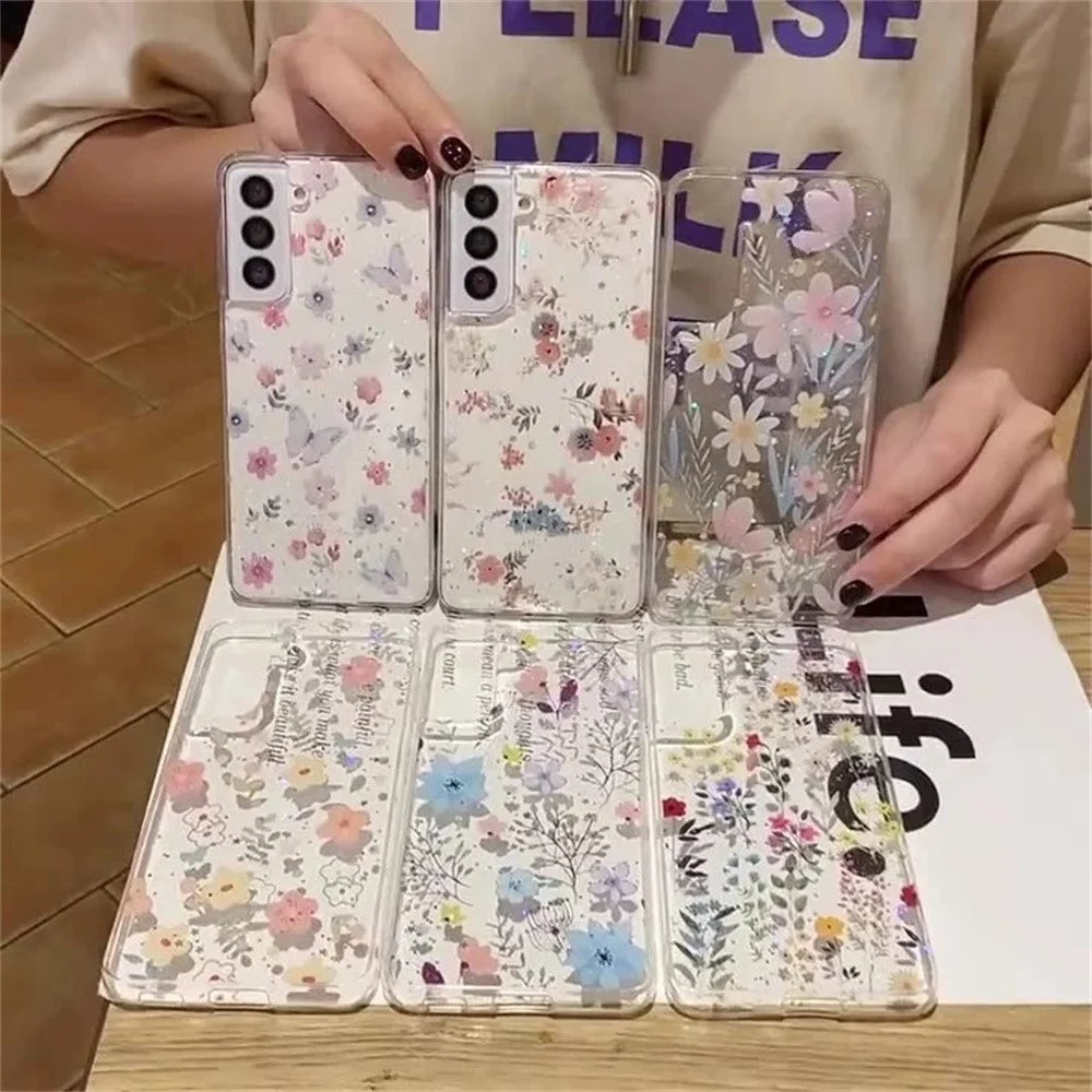For Samsung Galaxy S23 Case Floral Pattern TPU Glitter Phone Cover - D02 - 5