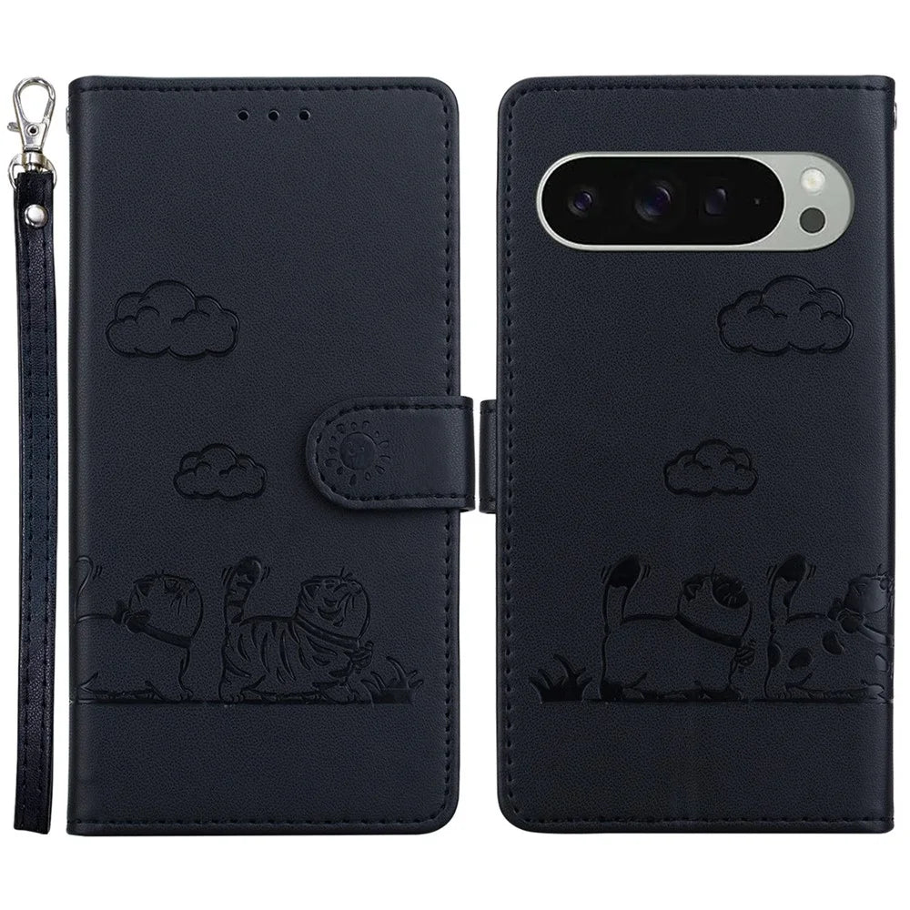 For Google Pixel 9 Pro / Pixel 9 Case RFID Blocking Kitten Pattern TPU+PU Leather Phone Cover - Black - 1