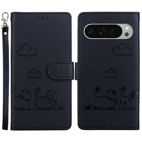 For Google Pixel 9 Pro / Pixel 9 Case RFID Blocking Kitten Pattern TPU+PU Leather Phone Cover - Black - 1