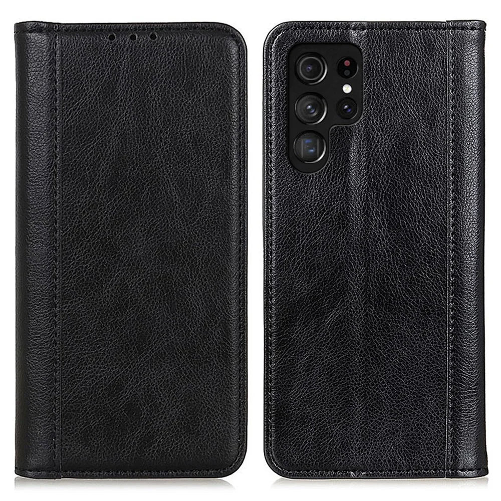 For Samsung Galaxy S25 Ultra Stand Case Split Leather Litchi Texture Wallet Phone Cover - Black - 1