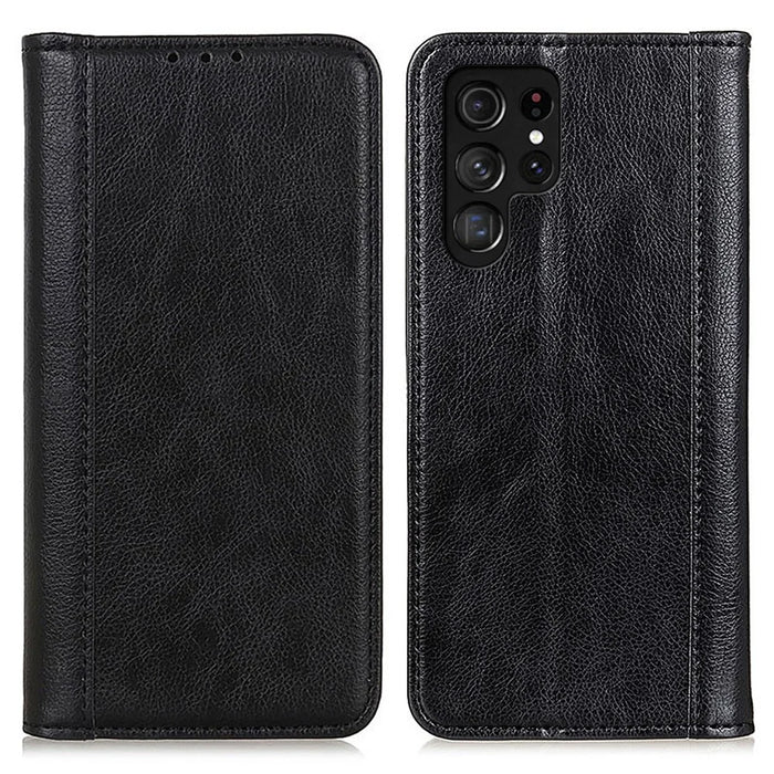 For Samsung Galaxy S25 Ultra Stand Case Split Leather Litchi Texture Wallet Phone Cover - Black - 1