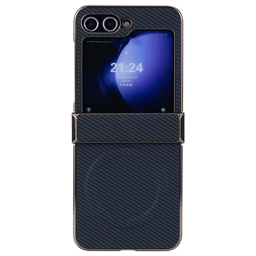 For Samsung Galaxy Z Flip5 5G Magnetic Case Hinge Protection Carbon Fiber Texture Leather+PC Electroplating Phone Cover - Black - 1