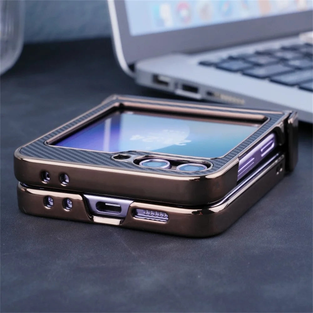 For Samsung Galaxy Z Flip5 5G Magnetic Case Hinge Protection Carbon Fiber Texture Leather+PC Electroplating Phone Cover - Black - 4