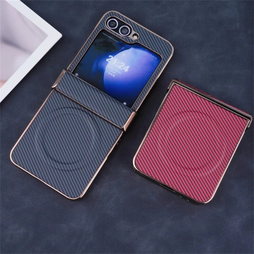 For Samsung Galaxy Z Flip5 5G Magnetic Case Hinge Protection Carbon Fiber Texture Leather+PC Electroplating Phone Cover - Black - 5