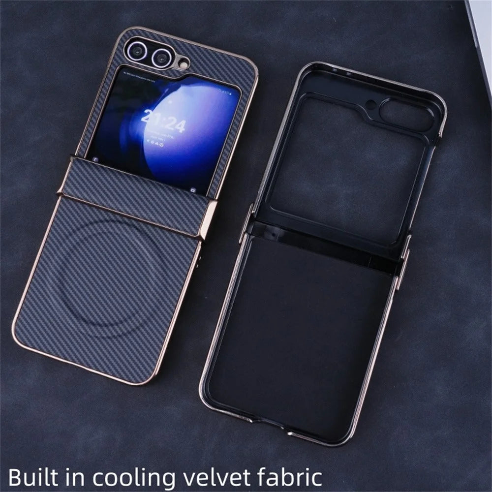 For Samsung Galaxy Z Flip5 5G Magnetic Case Hinge Protection Carbon Fiber Texture Leather+PC Electroplating Phone Cover - Black - 6