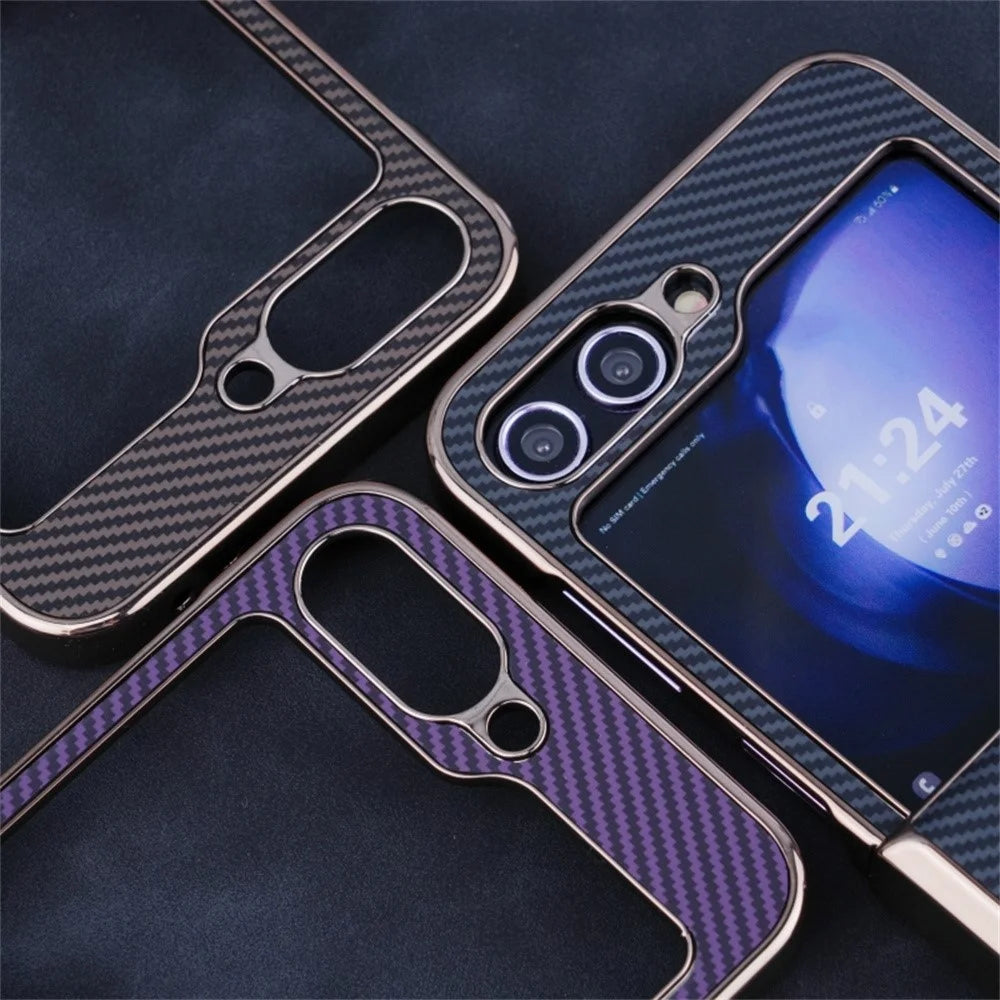 For Samsung Galaxy Z Flip5 5G Magnetic Case Hinge Protection Carbon Fiber Texture Leather+PC Electroplating Phone Cover - Black - 7