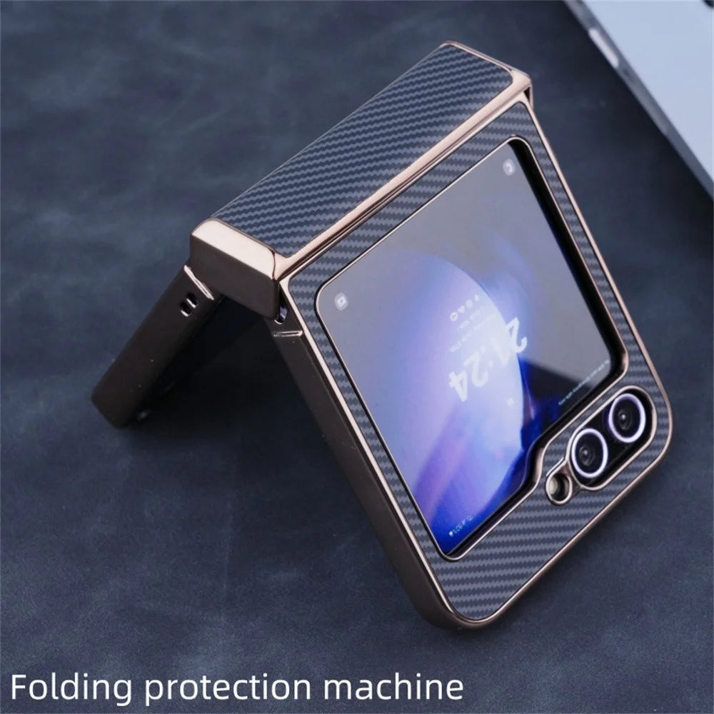 For Samsung Galaxy Z Flip7 FE 5G / Z Flip6 5G Magnetic Case Hinge Protection Carbon Fiber Texture Leather+PC Phone Cover - Black - 2