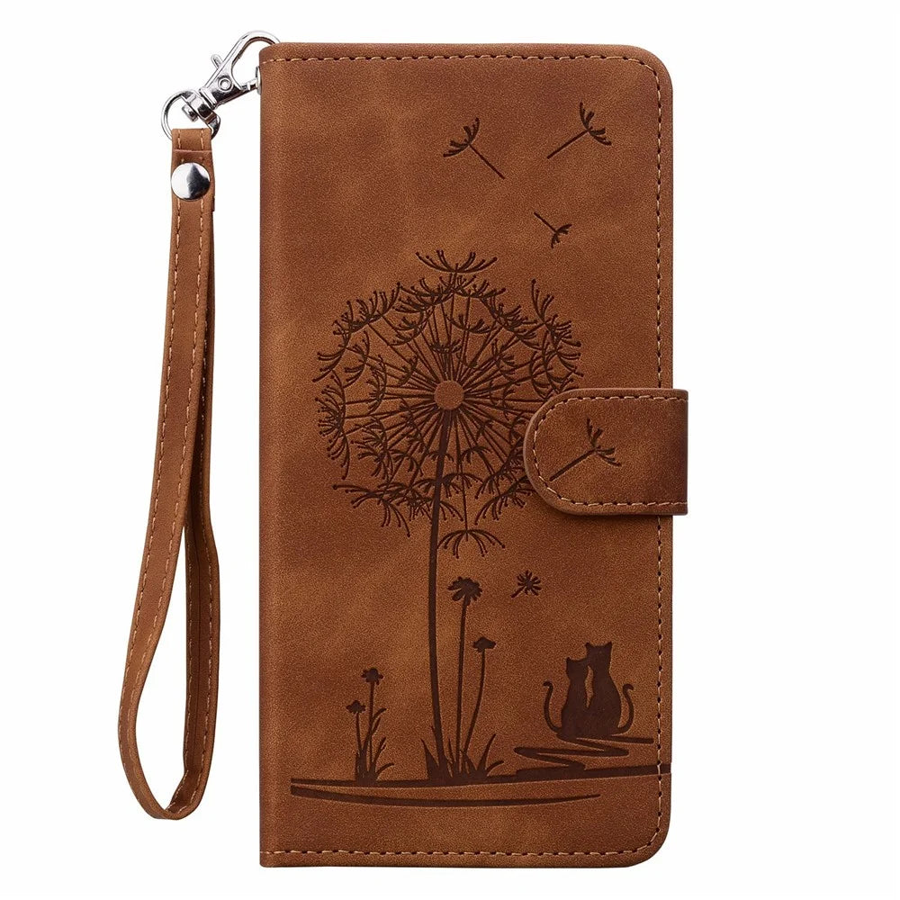 For iPhone 16 Pro Case Cat Dandelion Imprint PU Leather Wallet Phone Cover with Strap - Brown - 5