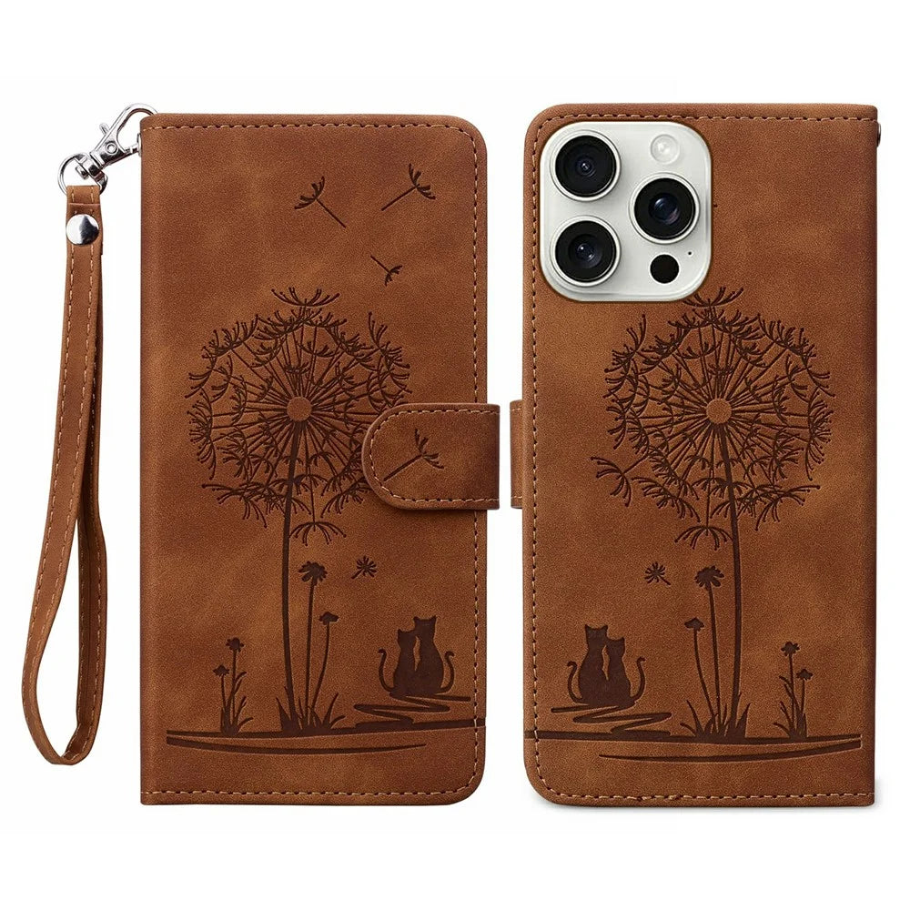 For iPhone 16 Pro Max Case Cat Dandelion Imprint PU Leather Wallet Phone Cover with Strap - Brown - 1