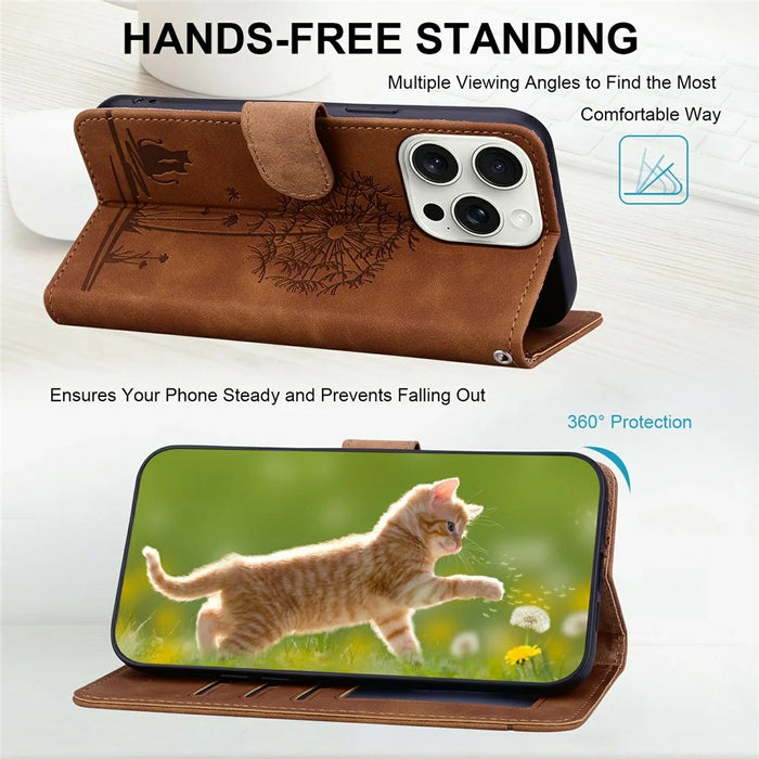 For iPhone 16 Pro Max Case Cat Dandelion Imprint PU Leather Wallet Phone Cover with Strap - Brown - 2