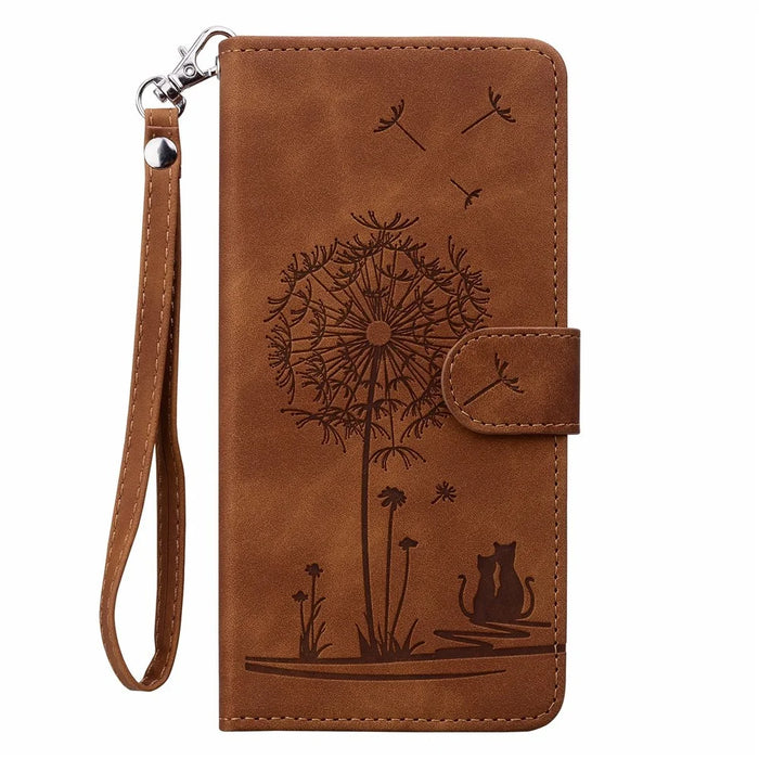 For iPhone 16 Pro Max Case Cat Dandelion Imprint PU Leather Wallet Phone Cover with Strap - Brown - 5