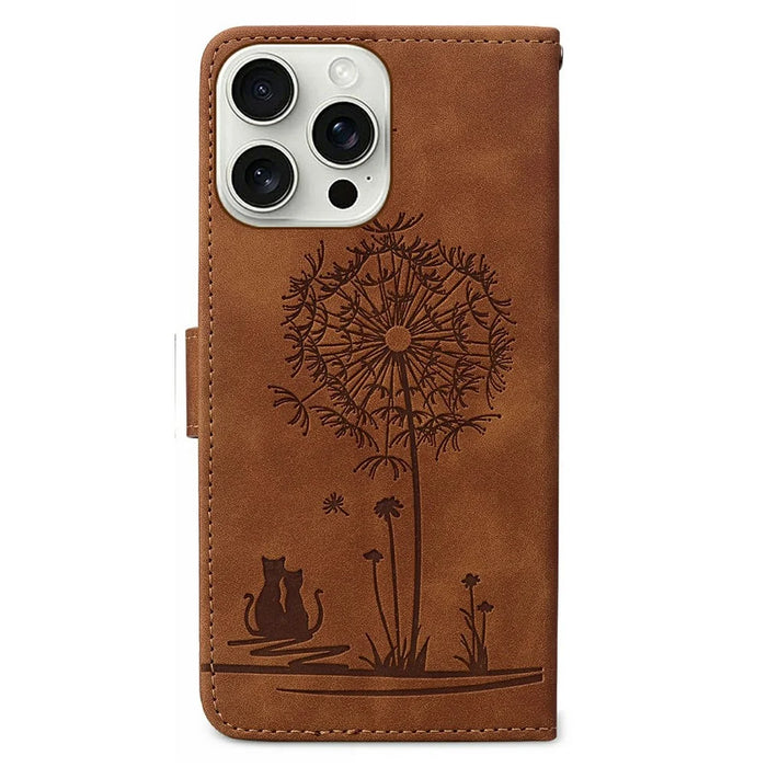 For iPhone 16 Pro Max Case Cat Dandelion Imprint PU Leather Wallet Phone Cover with Strap - Brown - 6