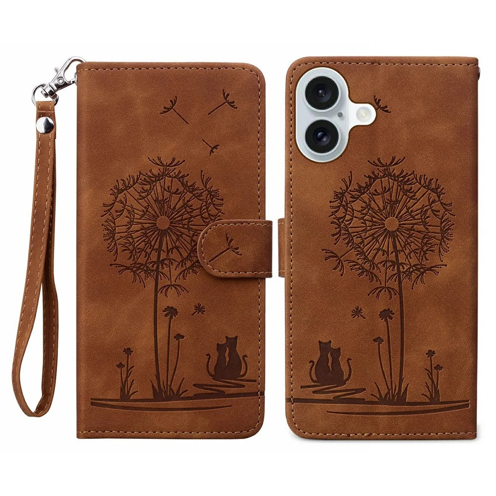 For iPhone 16 Case Cat Dandelion Imprint PU Leather Wallet Phone Cover with Strap - Brown - 1