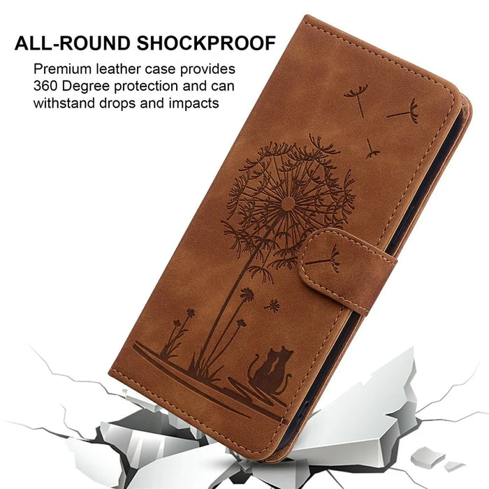 For iPhone 16 Case Cat Dandelion Imprint PU Leather Wallet Phone Cover with Strap - Brown - 4