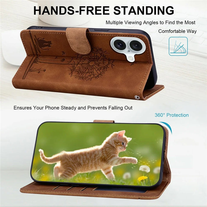For iPhone 16 Plus Case Cat Dandelion Imprint PU Leather Wallet Phone Cover with Strap - Brown - 2