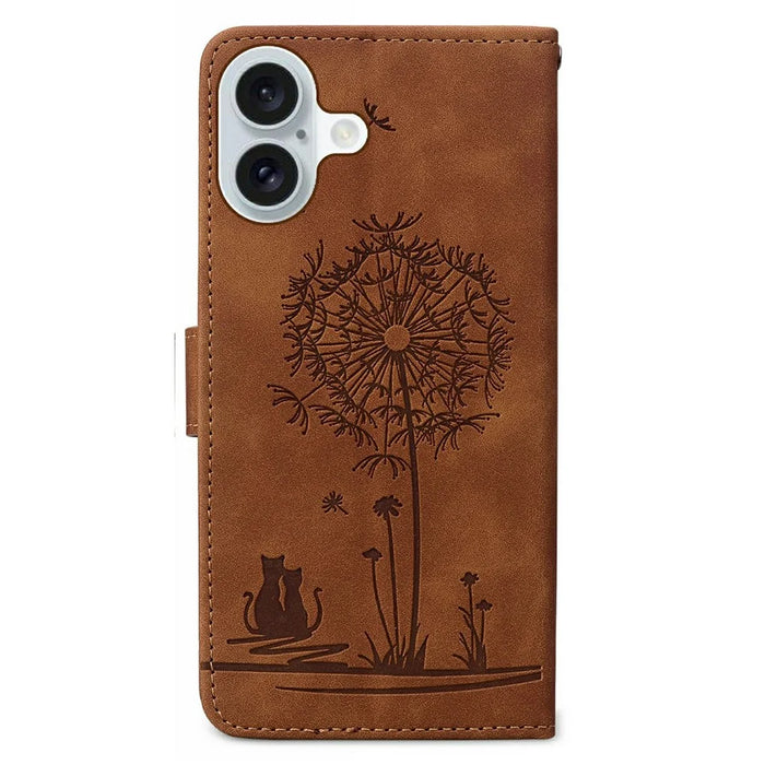 For iPhone 16 Plus Case Cat Dandelion Imprint PU Leather Wallet Phone Cover with Strap - Brown - 6