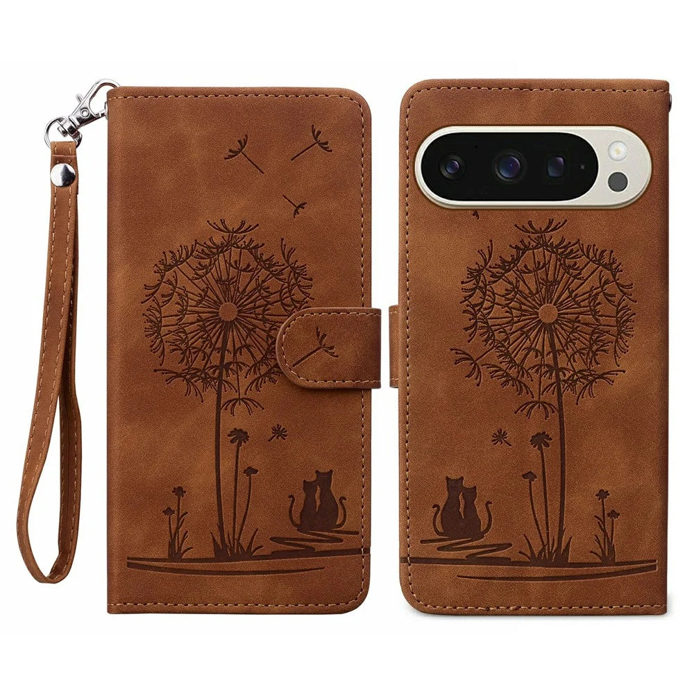 For Google Pixel 9 / 9 Pro Case Cat Dandelion Imprint PU Leather Wallet Phone Cover with Strap - Brown - 1