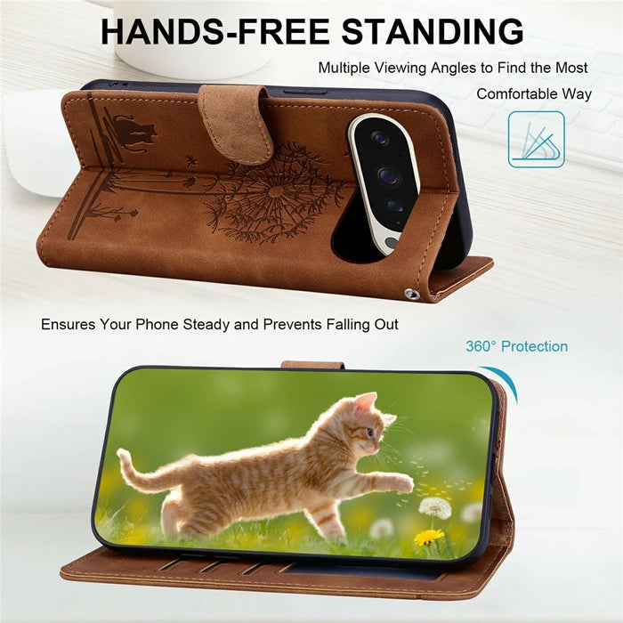 For Google Pixel 9 / 9 Pro Case Cat Dandelion Imprint PU Leather Wallet Phone Cover with Strap - Brown - 2