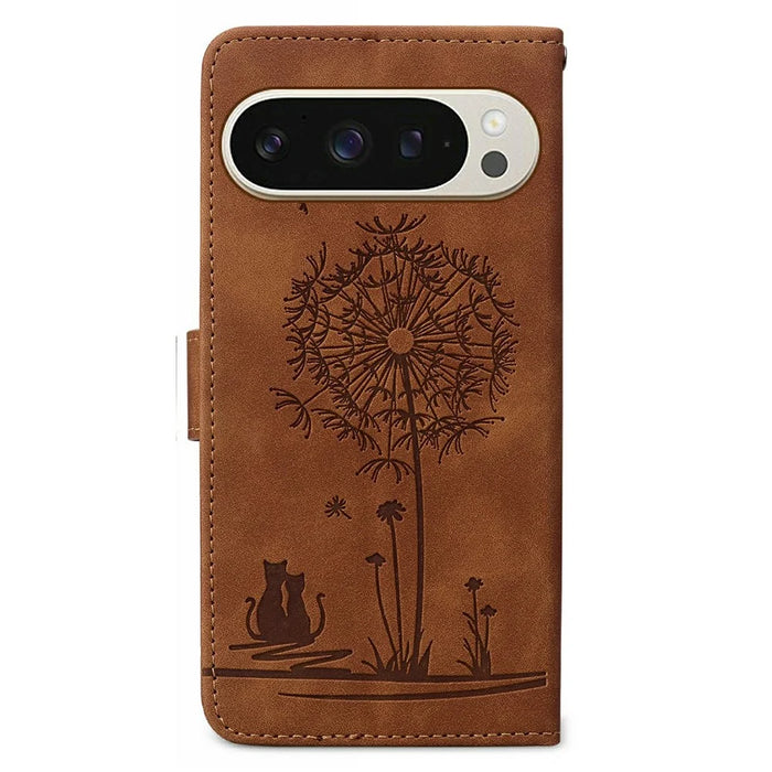 For Google Pixel 9 / 9 Pro Case Cat Dandelion Imprint PU Leather Wallet Phone Cover with Strap - Brown - 6