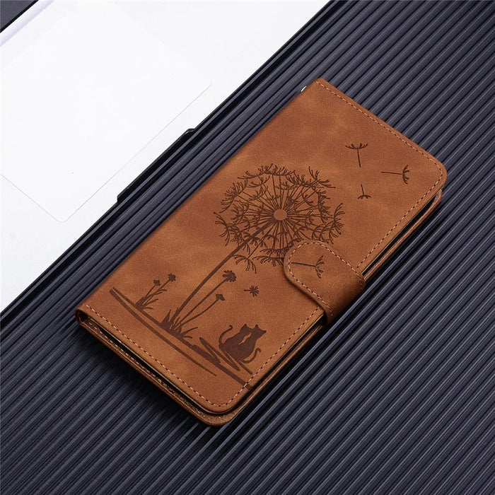 For Google Pixel 9 / 9 Pro Case Cat Dandelion Imprint PU Leather Wallet Phone Cover with Strap - Brown - 7