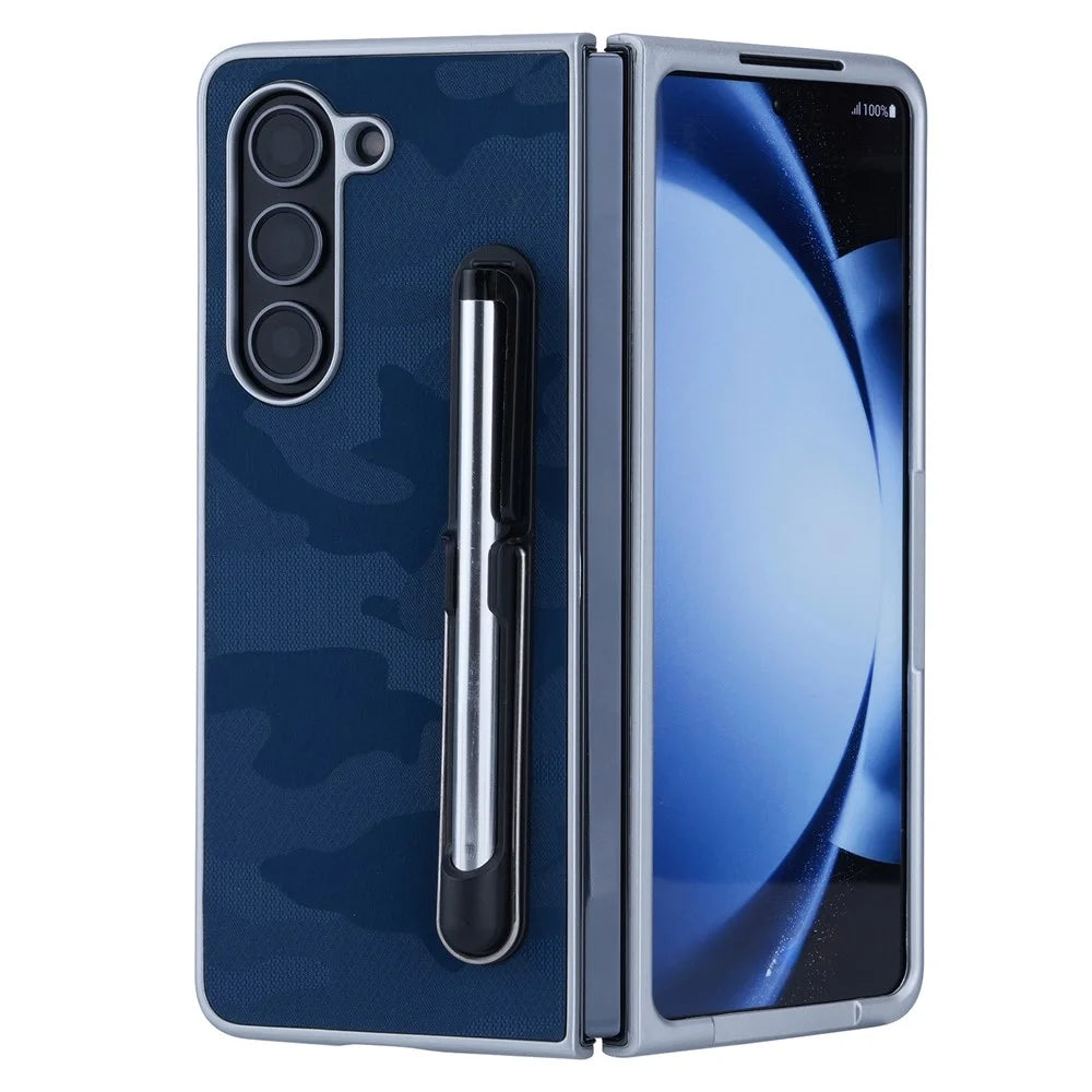 For Samsung Galaxy Z Fold6 5G Case Kickstand Skin-Touch Leather+PC Phone Cover with Stylus - Blue - 1
