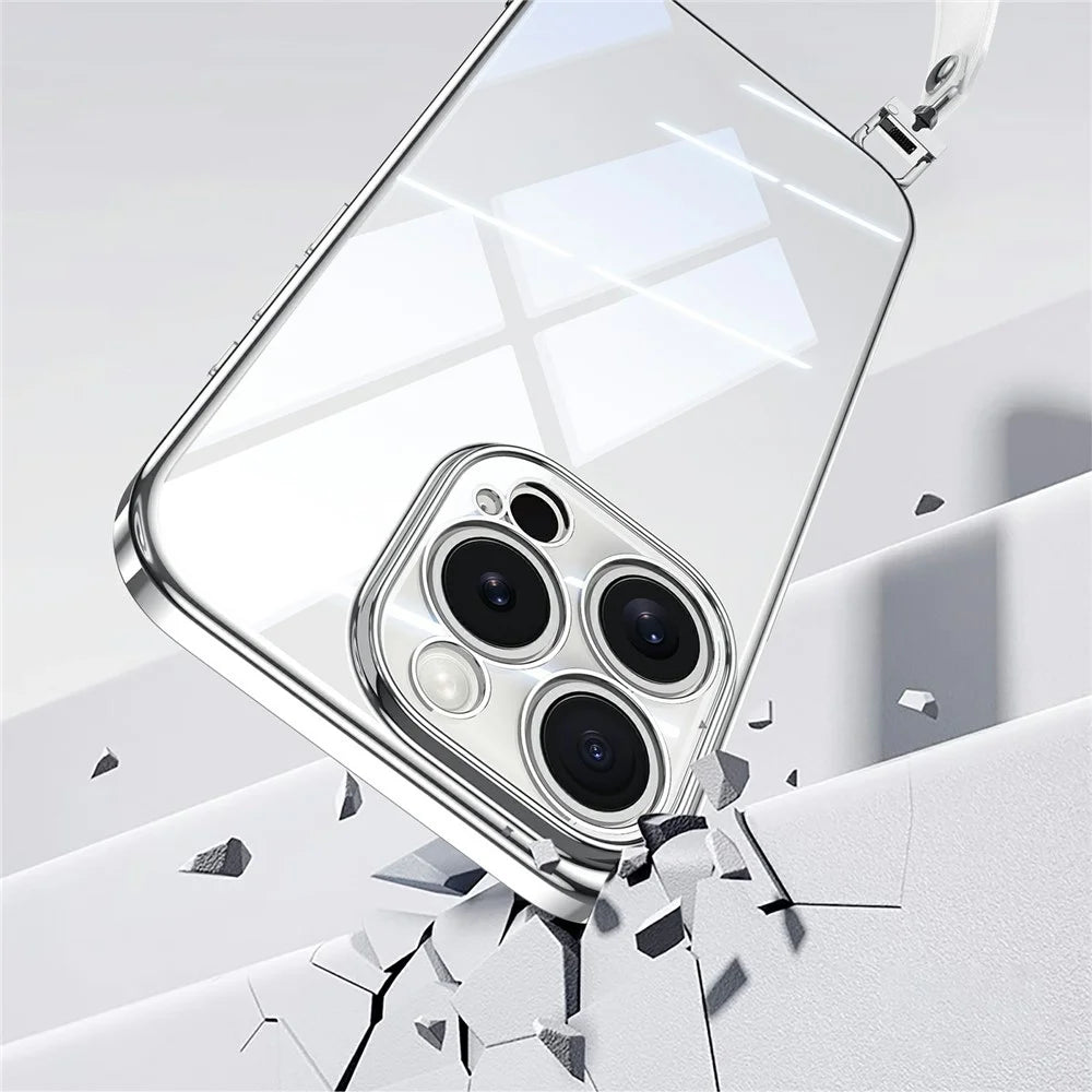 SULADA For iPhone 14 Pro Max Case Electroplating Ultra Clear Soft TPU Phone Cover with PU Wrist Strap - White - 6