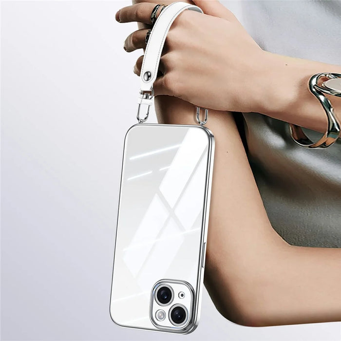 SULADA For iPhone 14 Case Electroplating Ultra Clear Soft TPU Phone Cover with PU Wrist Strap - White - 1