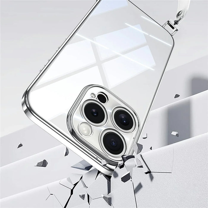 SULADA For iPhone 14 Pro Case Electroplating Ultra Clear Soft TPU Phone Cover with PU Wrist Strap - White - 6