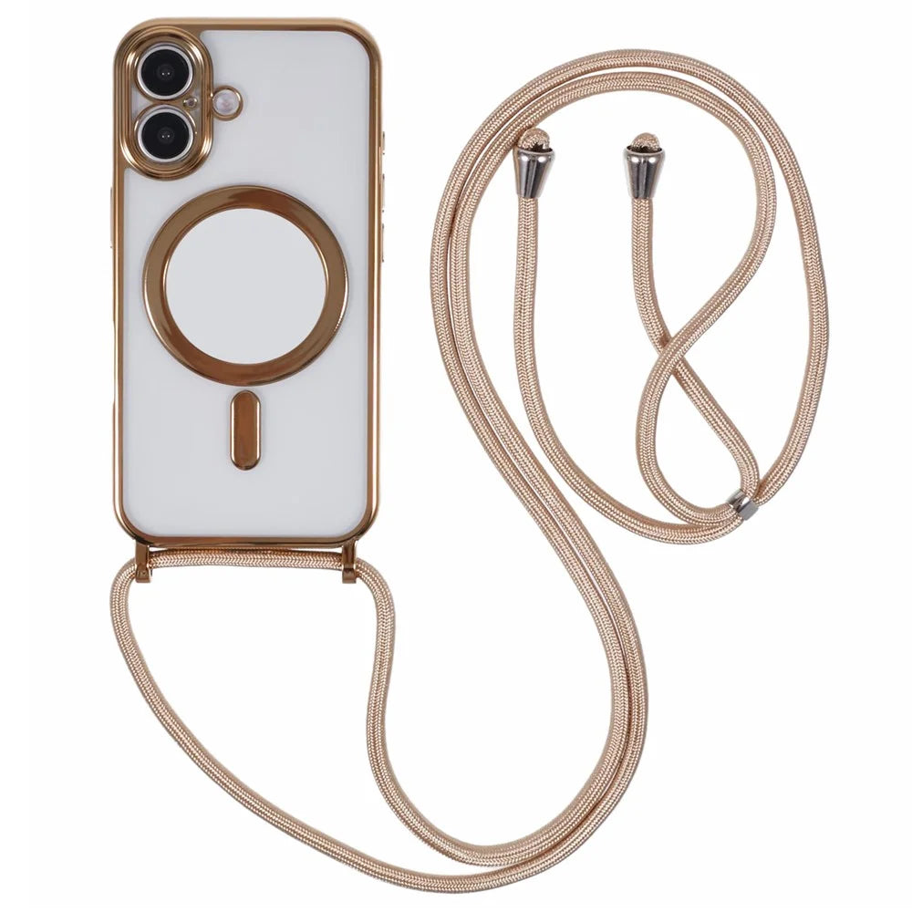 For iPhone 16 Plus Case Compatible with MagSafe Electroplating TPU Cellphone Protector with Long Lanyard - Gold - 1