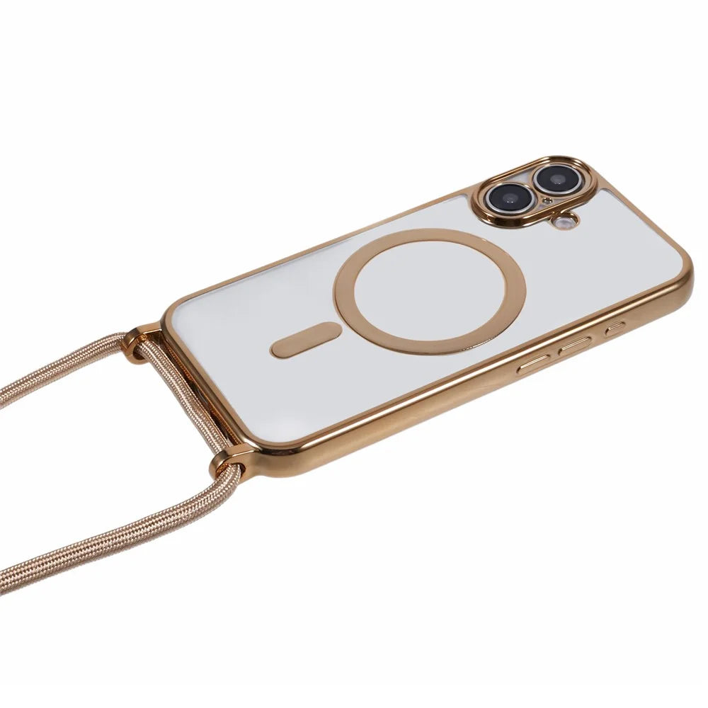 For iPhone 16 Plus Case Compatible with MagSafe Electroplating TPU Cellphone Protector with Long Lanyard - Gold - 4