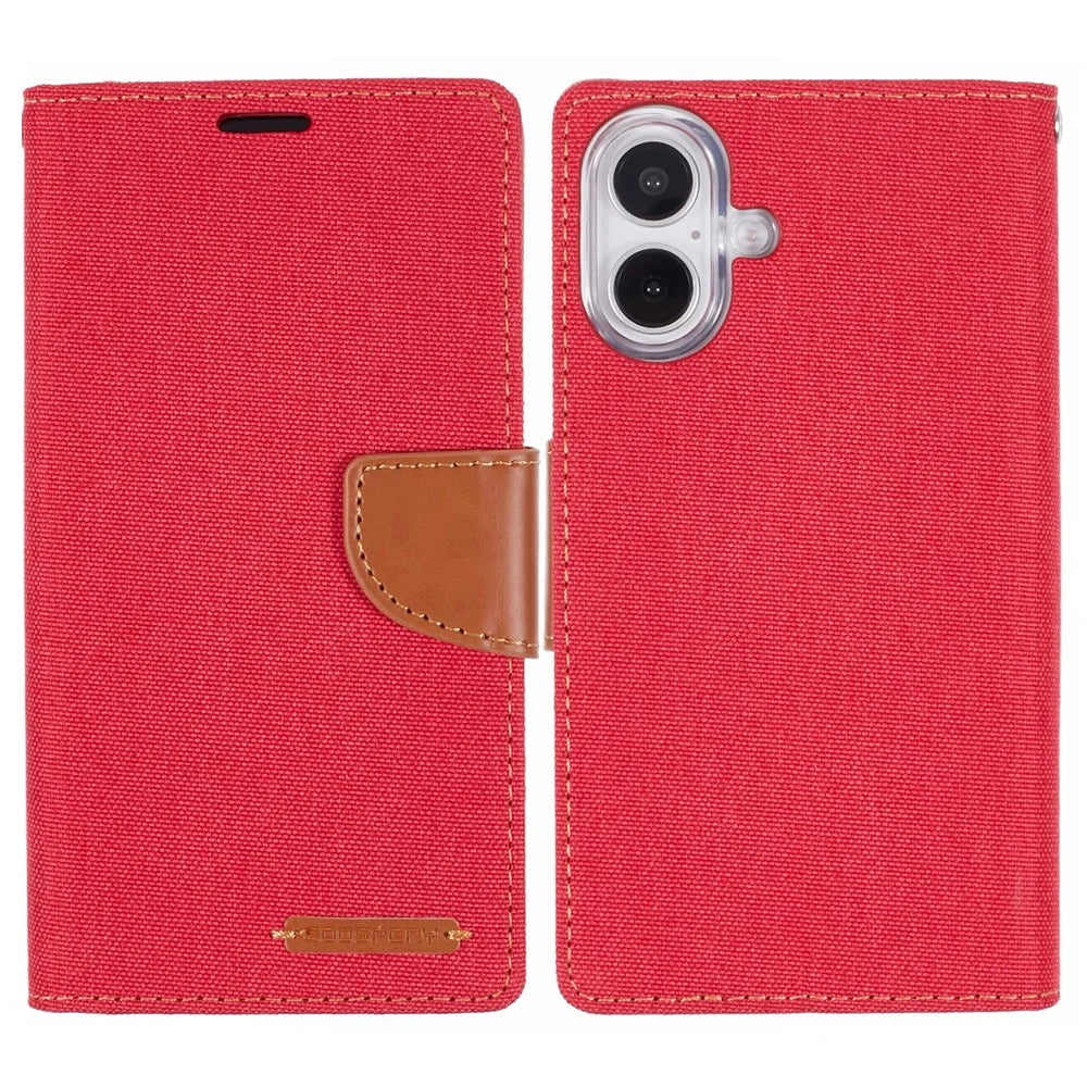 MERCURY GOOSPERY For iPhone 16 Plus Case Canvas Texture Leather Wallet Phone Cover - Red - 1