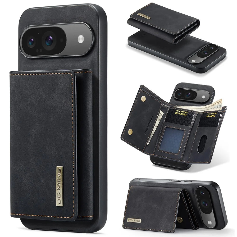 DG.MING M1 Series for Google Pixel 9 Pro / Pixel 9 Case Kickstand PU Phone Cover with Detachable Wallet - Black - 1