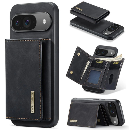 DG.MING M1 Series for Google Pixel 9 Pro / Pixel 9 Case Kickstand PU Phone Cover with Detachable Wallet - Black - 1
