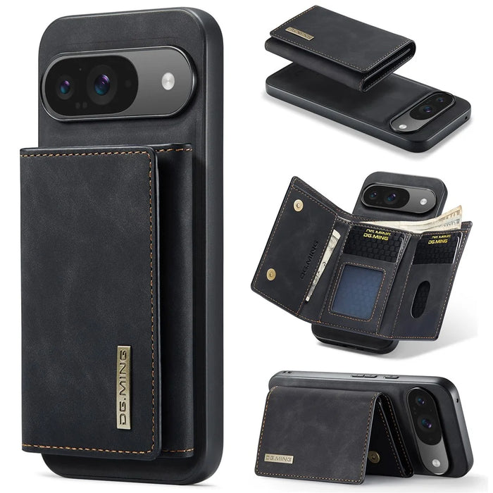 DG.MING M1 Series for Google Pixel 9 Pro / Pixel 9 Case Kickstand PU Phone Cover with Detachable Wallet - Black - 1