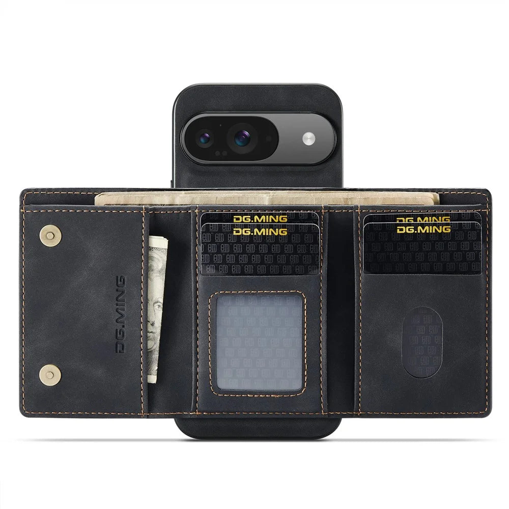 DG.MING M1 Series for Google Pixel 9 Pro / Pixel 9 Case Kickstand PU Phone Cover with Detachable Wallet - Black - 2