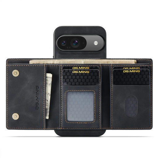DG.MING M1 Series for Google Pixel 9 Pro / Pixel 9 Case Kickstand PU Phone Cover with Detachable Wallet - Black - 2