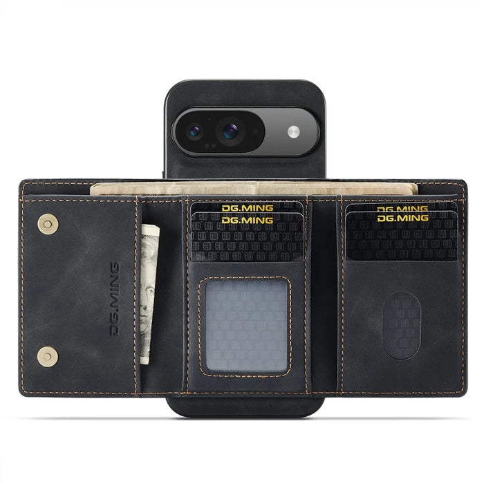 DG.MING M1 Series for Google Pixel 9 Pro / Pixel 9 Case Kickstand PU Phone Cover with Detachable Wallet - Black - 2