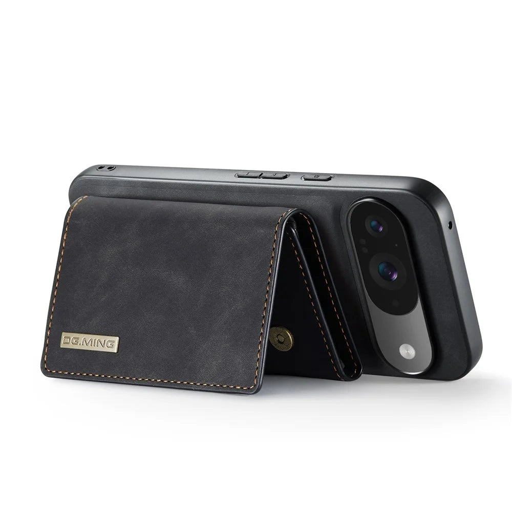 DG.MING M1 Series for Google Pixel 9 Pro / Pixel 9 Case Kickstand PU Phone Cover with Detachable Wallet - Black - 3