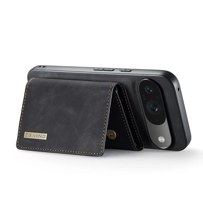 DG.MING M1 Series for Google Pixel 9 Pro / Pixel 9 Case Kickstand PU Phone Cover with Detachable Wallet - Black - 3