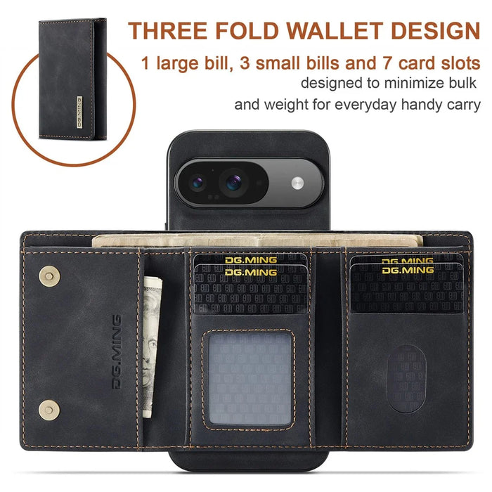 DG.MING M1 Series for Google Pixel 9 Pro / Pixel 9 Case Kickstand PU Phone Cover with Detachable Wallet - Black - 4