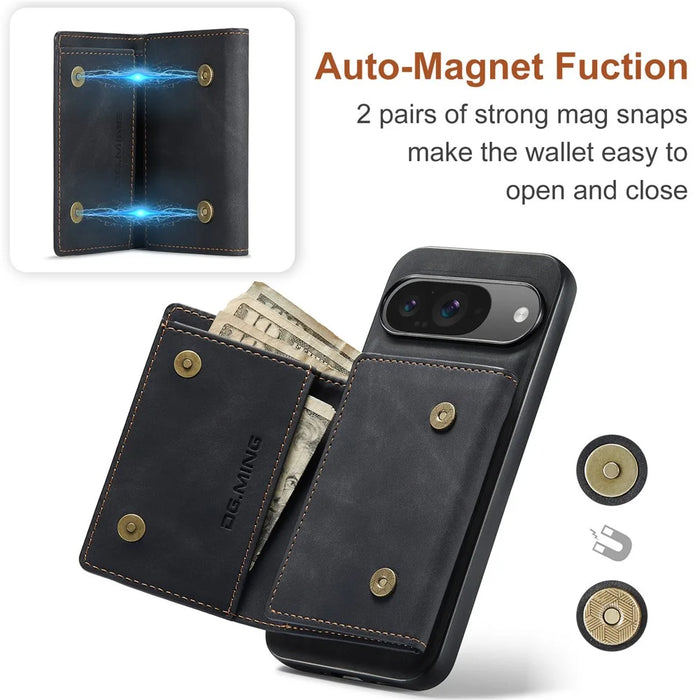 DG.MING M1 Series for Google Pixel 9 Pro / Pixel 9 Case Kickstand PU Phone Cover with Detachable Wallet - Black - 5