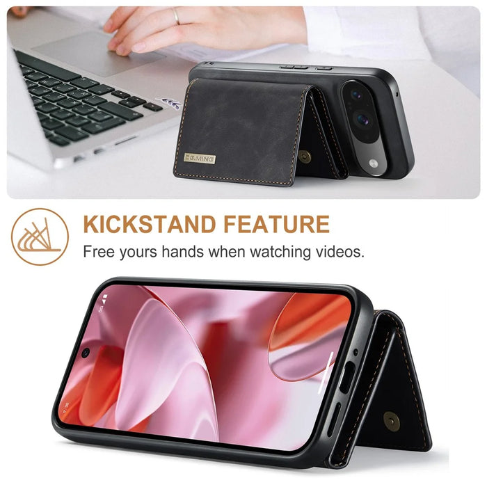 DG.MING M1 Series for Google Pixel 9 Pro / Pixel 9 Case Kickstand PU Phone Cover with Detachable Wallet - Black - 6