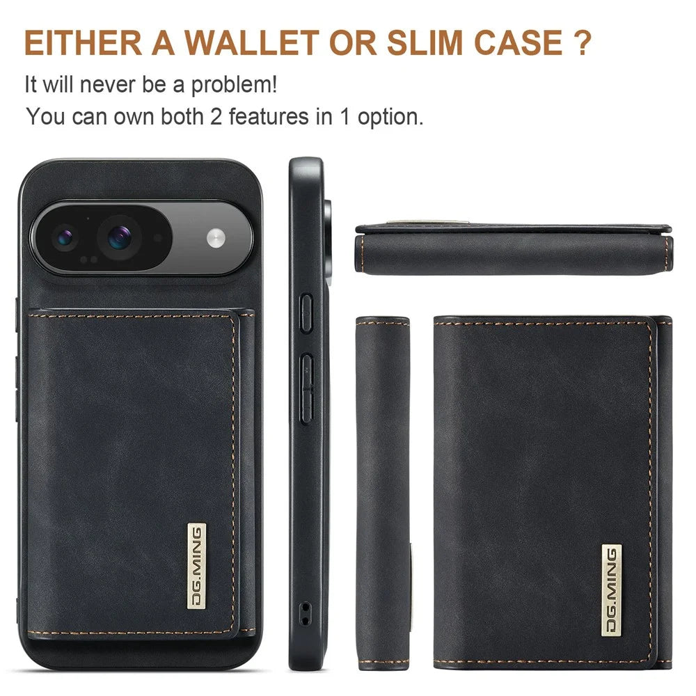 DG.MING M1 Series for Google Pixel 9 Pro / Pixel 9 Case Kickstand PU Phone Cover with Detachable Wallet - Black - 7