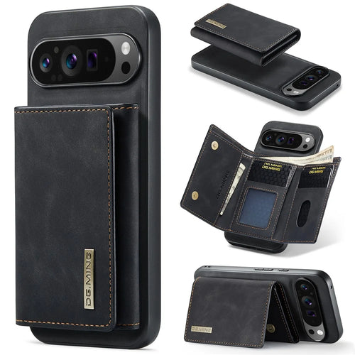 DG.MING M1 Series for Google Pixel 9 Pro XL Case Kickstand PU Phone Cover with Detachable Wallet - Black - 1