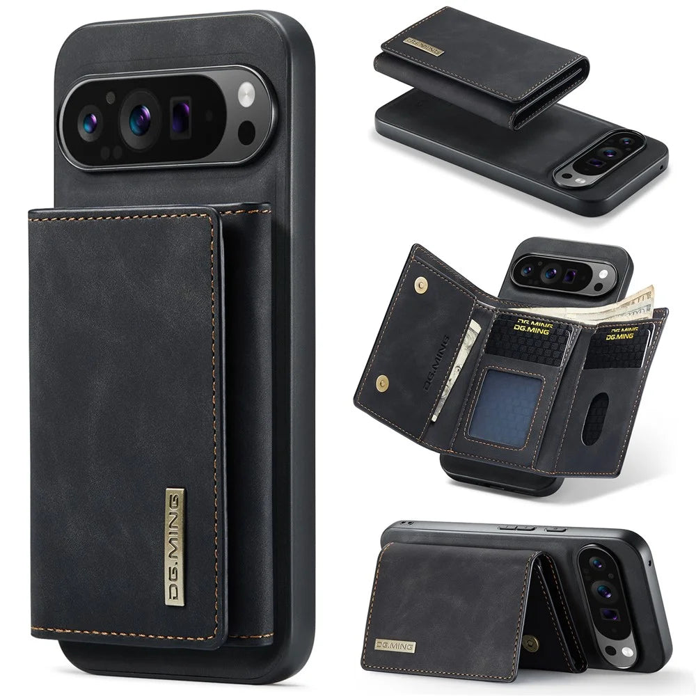 DG.MING M1 Series for Google Pixel 9 Pro XL Case Kickstand PU Phone Cover with Detachable Wallet - Black - 1
