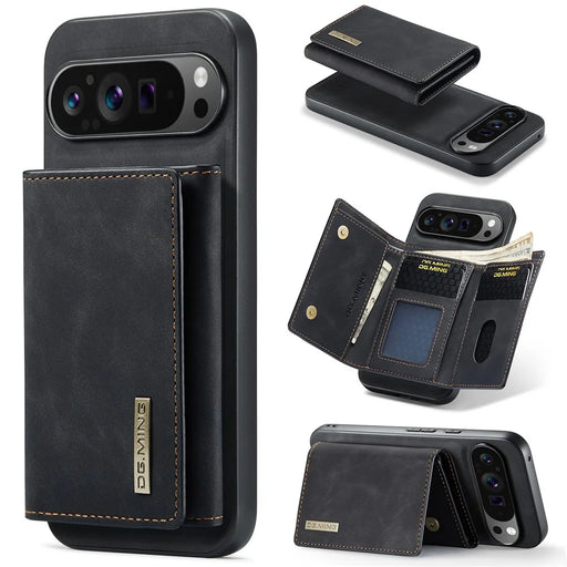 DG.MING M1 Series for Google Pixel 9 Pro XL Case Kickstand PU Phone Cover with Detachable Wallet - Black - 1