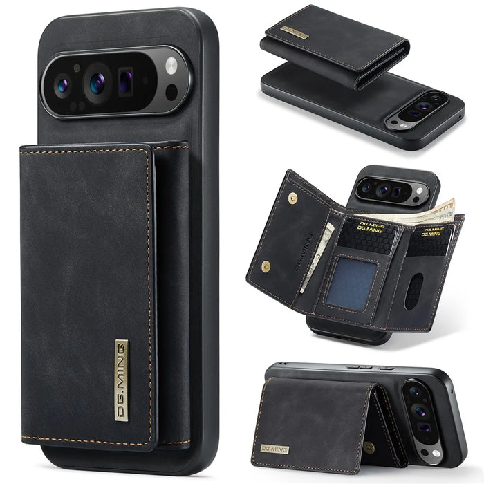 DG.MING M1 Series for Google Pixel 9 Pro XL Case Kickstand PU Phone Cover with Detachable Wallet - Black - 1